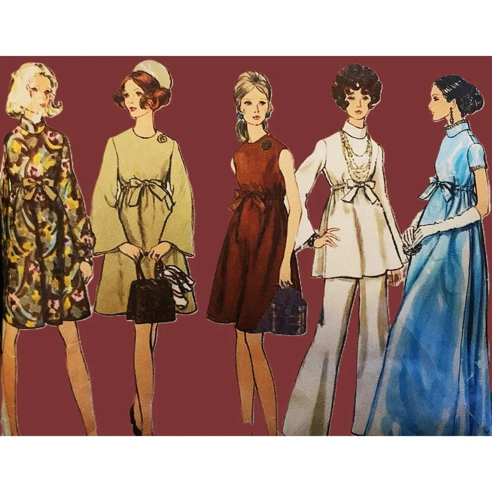 Vogue Pattern 60s Retro Empire Adj Dress Gown Wide Flared Pant EZ Maternity 34